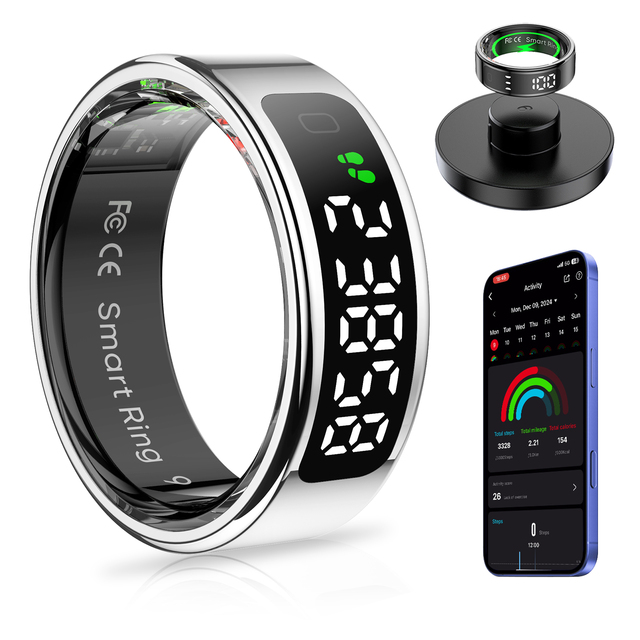 AMOVAN Smart Ring with LED Display Screen Health Tracker and Touch Button, Health Monitor