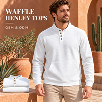 Sweat-shirt Henley pour homme en tissu gaufré, col montant, manches longues, poche kangourou, logo personnalisé, OEM, ODM, marque privée, vente en gros