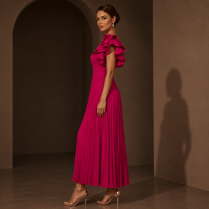 ผู้ผลิตเวียดนาม ชุดราตรีทรงเอไลน์ แขนระบาย คอวี ผ้าเครปสีชมพู ความยาวระดับชา  แบบจีบ  รับผลิตแบบ OEM ODM - Product Image 4