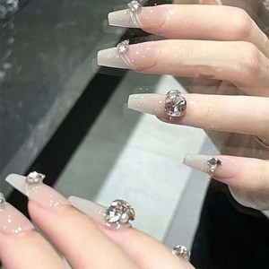 Faux ongles à presser nude, forme cercueil, taille moyenne, avec strass brillants et ligne blanche, finition brillante, réutilisables, à coller, pour usage quotidien et soirées - Product Image 5
