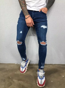 Nouveau Jean Droit Homme Tendance Transfrontalier Style Européen et Américain avec Trous Taille Élastique Tissu Denim Délavé Effet Usé - Product Image 5