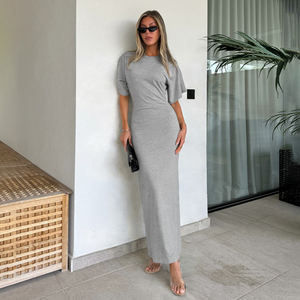 Robe longue à col rond, manches chauve-souris, taille cintrée, coupe ample, couleur unie, minimaliste, décontractée, élégante - Product Image 1