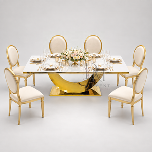 Mesa de Comedor Rectangular Moderna de Acero Inoxidable Dorado con Base Escultural en Forma de Media Luna para Bodas y Eventos, Venta al Por Mayor - Product Image 2