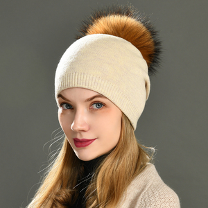 Wholesale Skull Luxury Double Layer Knit Winter Hat Fluffy Real Fur <strong>Pom</strong> <strong>Pom</strong> Soft Warm Custom Logo Slouchy <strong>Blank</strong> Adults <strong>Beanies</strong> - Product Image 4