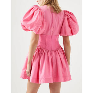 Robe de bal vintage de luxe personnalisée vêtements en gros été coton popeline rose taille <span class=keywords><strong>basque</strong></span> manches bouffantes mini robe décontractée - Product Image 1