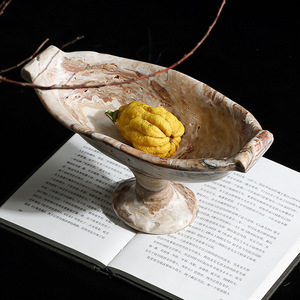 Wabi Sabi Travertine Pedestal Fruit Bowl Vintage Decorative Serving <b>Tray</b> Home Tabletop Centerpiece - Product Image 4