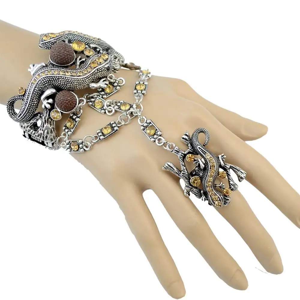 lizard Chameleon Bracelet With Rings Vintage Style Crystal Cuff Animal Unisex Jewelry