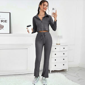 Gran oferta, conjunto de otoño con capucha para mujer, Chaqueta corta con bolsillo <span class=keywords><strong>y</strong></span> cremallera, traje de jogging de terciopelo, ropa deportiva, chándales, conjunto de dos piezas para mujer - Product Image 1