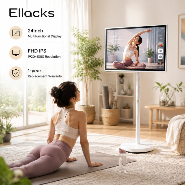 24 Inch Portable Smart TV FHD 1080P Android 12 WiFi BT Built in 8MP Camera Rechargeable Battery Movable Indoor Stand on Wheels