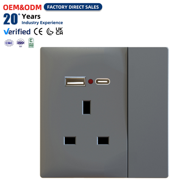13A Switched Socket USB Type-C 1 Gang Grey Power Outlet Dual Charging Ports Wall Mounted Switches Socketed