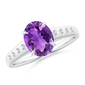 Bague de fiançailles en or jaune 14 carats plaqué rhodium, argent sterling 925, améthyste naturelle, trois pierres, pour mariage et fête - Product Image 6