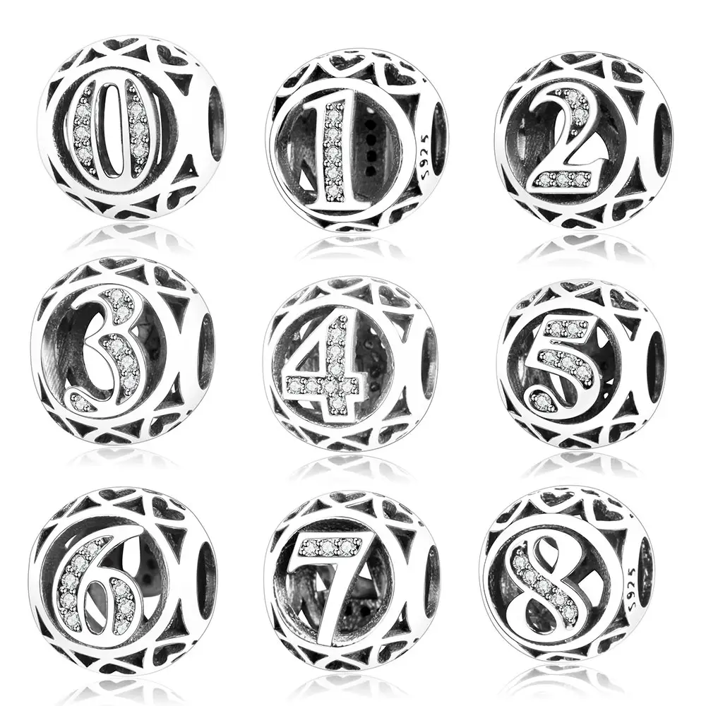 Модные серебряные бусины-подвески из серебра 925 пробы с цифрами от 0 до 9, Подвески для изготовления ювелирных изделий