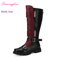 Bottes de chevalier médiéval unisexes en PU à bout rond, à talon haut, à fourrure courte, à blocs de couleur, 3 cm, pour hommes et femmes, cosplay