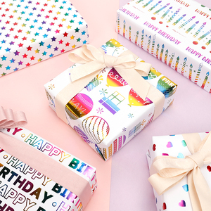 Venta al por mayor 80g cumpleaños colorido estampado en caliente papel tisú 43*300cm regalo lujo embalaje personalizado rollo de papel de regalo - Product Image 1