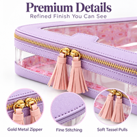 Sac de rangement Mahjong en PU violet clair, étui rigide avec fenêtre transparente, étanche, grande capacité, sac à main portable avec fermeture éclair à pompon