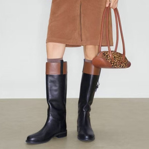Bottes longues pour femmes à talons plats, avec boucles métalliques, coupe large, hauteur genou, patchwork, bout rond - Product Image 3