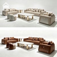 Hochwertiges Echtleder-Sofa-Set mit Burl-Holz-Seitenwänden, Silberverzierung und Marmortisch, Maßgefertigtes Wohnzimmer-Set, Komplette Villen-Möblierung
