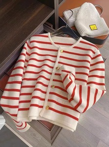 Mulheres Primavera Outono Camisolas O-pescoço Stripe Malha <span class=keywords><strong>Cardigan</strong></span> Moda Manga Longa Casual Tops Curtos Estilo Coreano Novo - Product Image 5