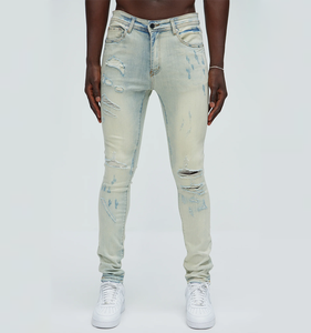 Vaqueros ajustados rasgados para hombre, personalizados, con efecto pulverizado azul claro, pantalones de mezclilla elásticos con efecto desgastado, corte muscular, de fábrica 2026 - Product Image 1