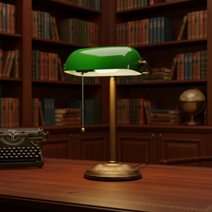 โคมไฟตั้งโต๊ะทรง Bankers สีเขียว โครงเหล็ก โคมแก้ว สไตล์วินเทจ เรโทร สวิตช์แบบดึงเชือก สำหรับบ้าน สำนักงาน โคมไฟตั้งโต๊ะสไตล์วินเทจ - Product Image 1