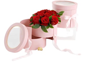 Cylinder Gift Boxes With Clear Window Pink And <b>Red</b> Rigid Paperboard Box With Satin Ribbon High-End Craft Packaging - Product Image 2