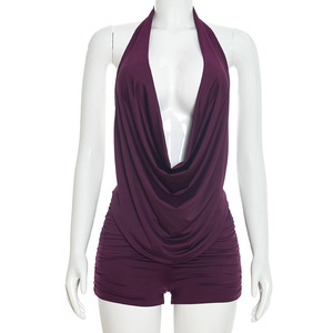 Viviblook J26ST022 Women Summer <b>Set</b> Solid Color Halter Backless Tank Top Shorts Two Piece <b>Set</b> for Ladies - Product Image 4