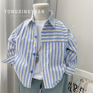 Tongxingyuan Boys Striped Shirt Cotton Woven Autumn 2024 Spring Fall Kids Top Blue White Stripes NT286 - Product Image 1