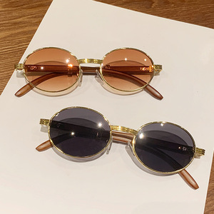 New Retro Faux Wood Grain Sunglasses UV400 Protection Men's Women's Trendy European American Fashion Oval Metal for Children - Product Image 5