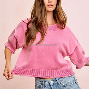 <span class=keywords><strong>Pull</strong></span> en maille côtelée <span class=keywords><strong>rose</strong></span> vif à bord brut et manches courtes pour <span class=keywords><strong>femme</strong></span> – Vente en gros - Product Image 3