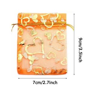 Sacs en organza colorés en forme de cœur avec cordon de serrage 7x9cm, mini pochettes en maille transparente pour cadeaux de la Saint-Valentin - Product Image 2