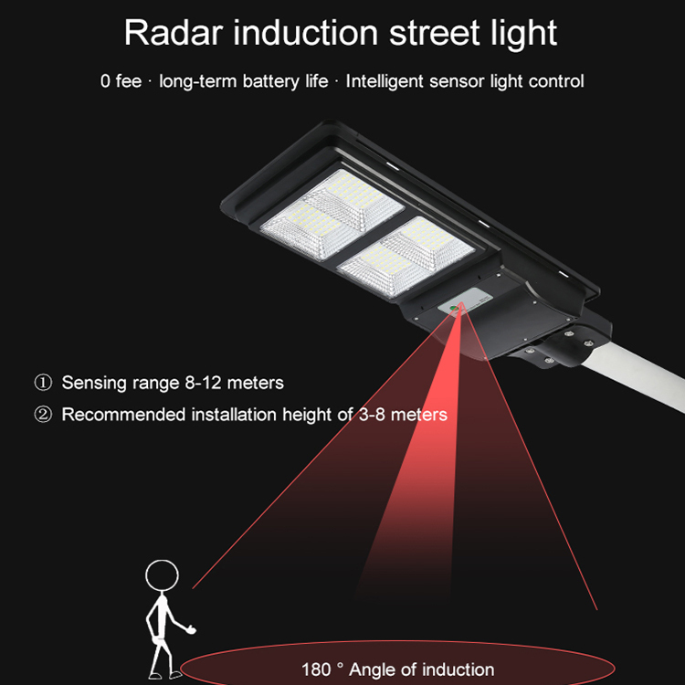 Alto lumen radar sentido al aire libre ip65 impermeable 60 90 120 de 180 w integrado todo en una luz de calle solar llevada