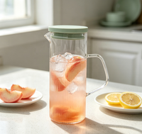 Pichet à eau en verre borosilicate à nervures verticales WUSO avec couvercle vert et poignée en verre, résistant à la chaleur, pour jus et thé glacé