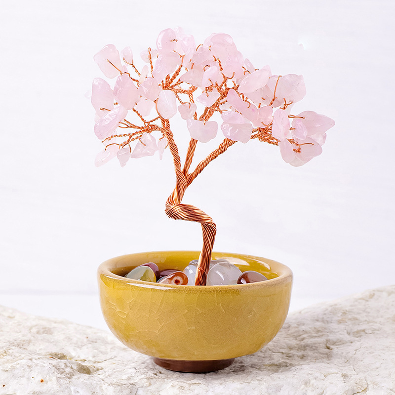 Quartz rose + agate roulé + bol jaune