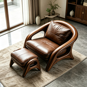 <span class=keywords><strong>Fauteuil</strong></span> en fibre de verre à cadre courbé en grain de noyer avec repose-pieds en cuir marron pour un espace de vie moderne - Product Image 4