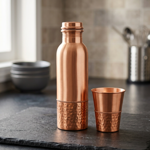 Hammered Copper <b>Water</b> <b>Bottle</b> with Tumbler Set Pure <b>Metal</b> Drinkware - Indian Home Crafts - Product Image 1