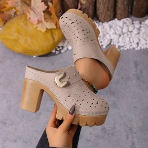 Tzduoya - Mules de Tacón Grueso con Plataforma Perforada, de Piel Sintética, Estilo Retro, Casuales, para Exteriores, para <span class=keywords><strong>Mujer</strong></span> - Product Image 5