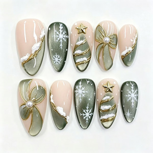 Faux ongles de Noël à presser, motifs nœud, ciel étoilé, œil de chat, feuille d'or, flocon de neige, pour manucure festive et soirées, vente en gros - Product Image 1