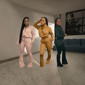 Nouvel ensemble deux pièces décontracté pour femme, pantalon long de sport et de loisirs de couleur unie, collection automne transfrontalière - Product Image 3