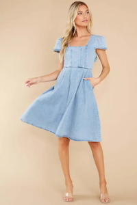 Couleur Unie Vente en Gros Longueur Genou Denim Décontracté Style Simple Robes pour Femmes Dames - Product Image 4