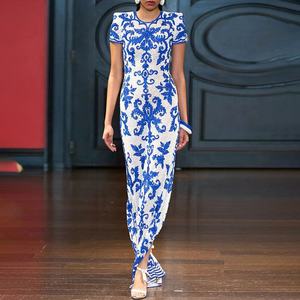<span class=keywords><strong>Robe</strong></span> longue <span class=keywords><strong>moulante</strong></span> à manches courtes pour femme, imprimé bleu et blanc en porcelaine, élégante <span class=keywords><strong>robe</strong></span> <span class=keywords><strong>de</strong></span> <span class=keywords><strong>soirée</strong></span> pour célébrités - Product Image 2