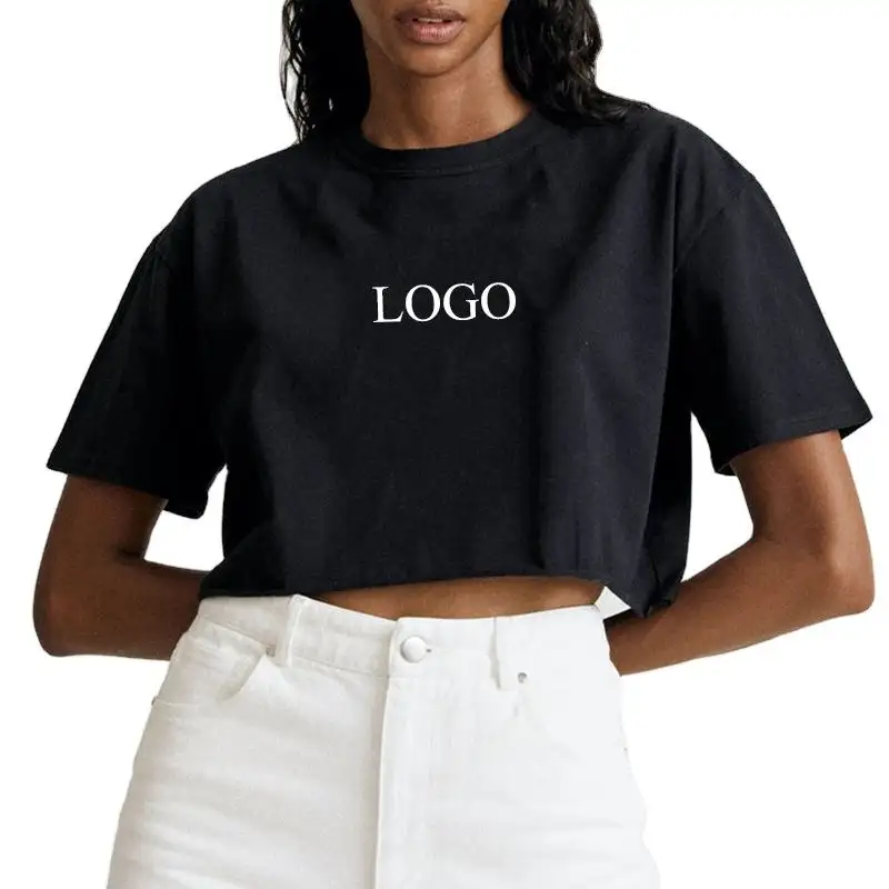 T-shirt girocollo vuota con orlo arrotolato alla moda magliette da Yoga casual da donna t-shirt con stampa serigrafica nera OEM maglietta crop top da donna