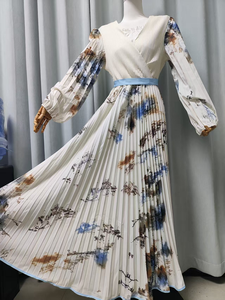 Robe longue plissée sur mesure, col en V, manches lanternes, imprimé floral, taille empire, robe de mariage, robe de vacances, <span class=keywords><strong>prix</strong></span> d'usine - Product Image 4