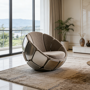 Poltrona Moderna di Lusso a Forma di Sfera, Rivestita in Velluto, con Braccioli in Metallo, Girevole, per Soggiorno e Camera da Letto - Product Image 3