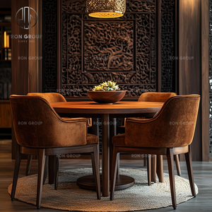 Set di Arredamento per Ristorante e Caffetteria: Tavolo Rotondo in Legno Marrone Scuro con 4 Sedie in Legno Marrone Scuro e Cuscini in Velluto per Bar - Product Image 3