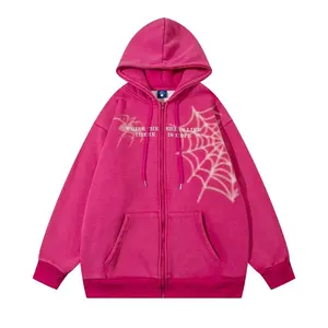 Unisex 100% Cotton High Quality Hip Hop Spiderweb Printed Fashion zip up Hoodies cropped zip up spider hoodie