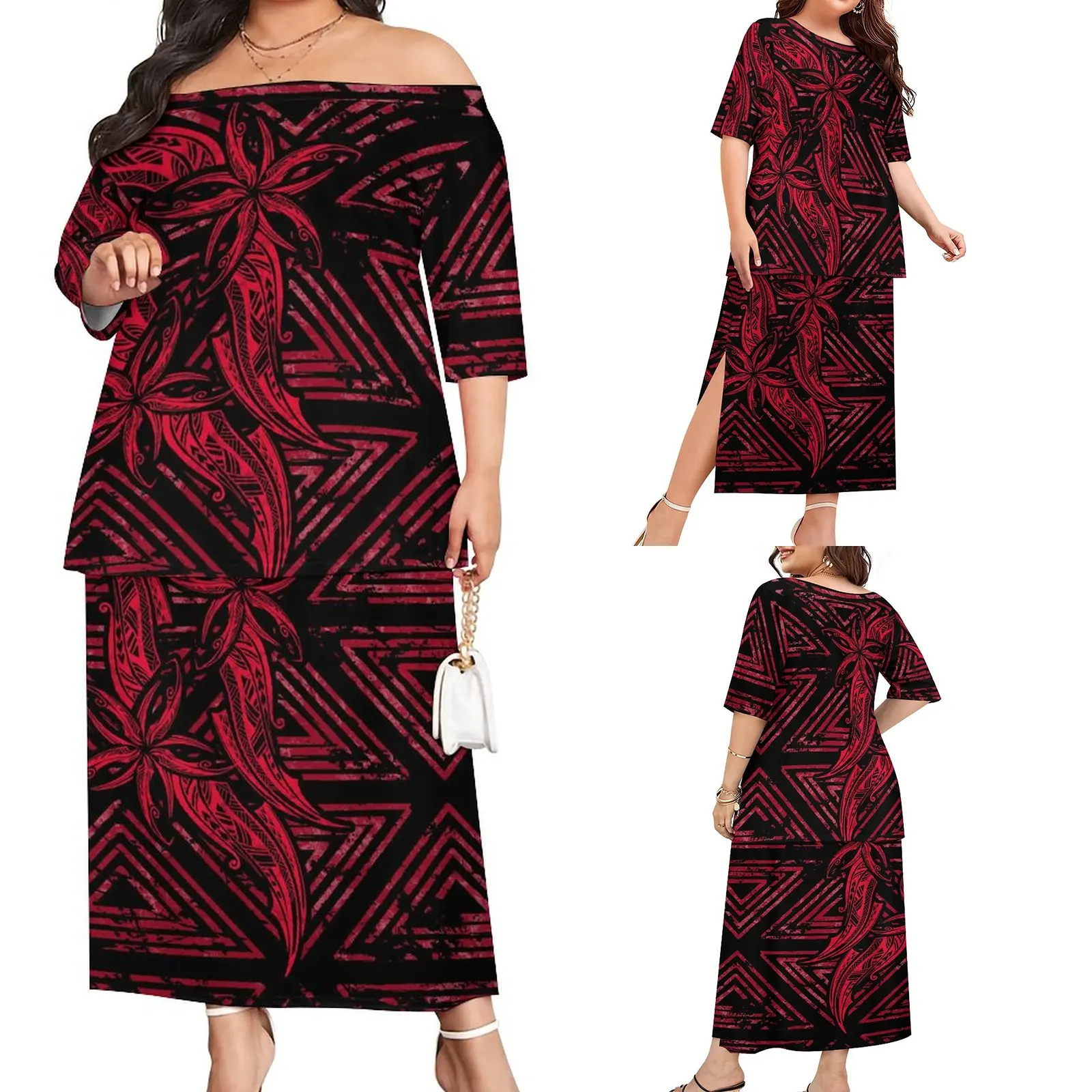 Robe imprimée à épaules dénudées pour femmes, style rétro, rouge, motif tribal, décontracté, grande taille, ensemble