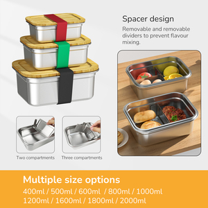 Fiambrera segura para <span class=keywords><strong>microondas</strong></span> con tapa de bambú, contenedor de almuerzo de Metal, caja Bento escolar a prueba de fugas, juego de fiambrera para niños - Product Image 4