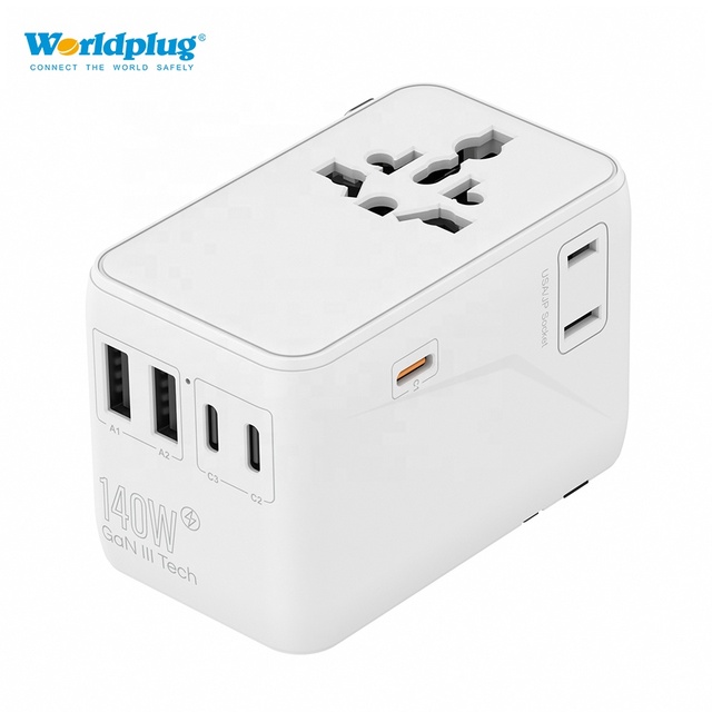 Worldplug 140W PD Super Fast Charging GaN Wall Charger with 3 Type-C & 2 USB Ports Universal Travel Adapter for Earphone Laptop