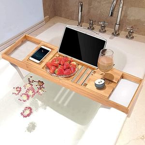 Bamboo Bathtub Rack With Phone Holder And <b>Tablet</b> <b>Stand</b> Telescopic Bathroom Shelf <b>For</b> Bath Tub Support - Product Image 2