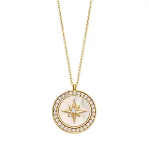 Gemnel inspired mother of pearl big round coin pendant with a starburst decoration in the middle necklace